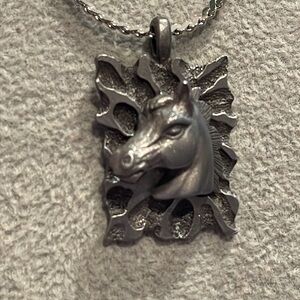 Pewter Horse Pendant Necklace 17” Silver Necklace